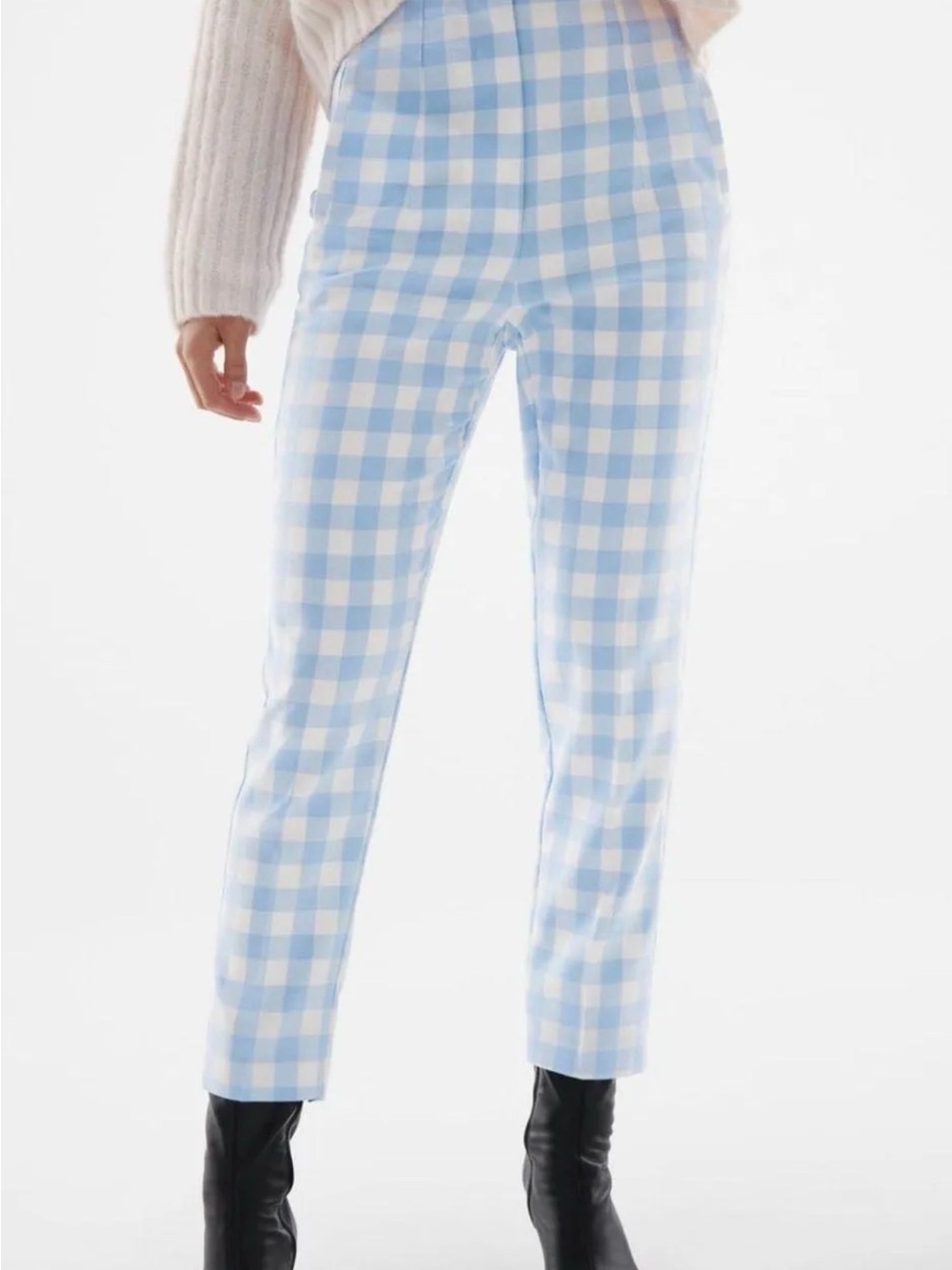 Zara Blue and White Gingham Straight Pants